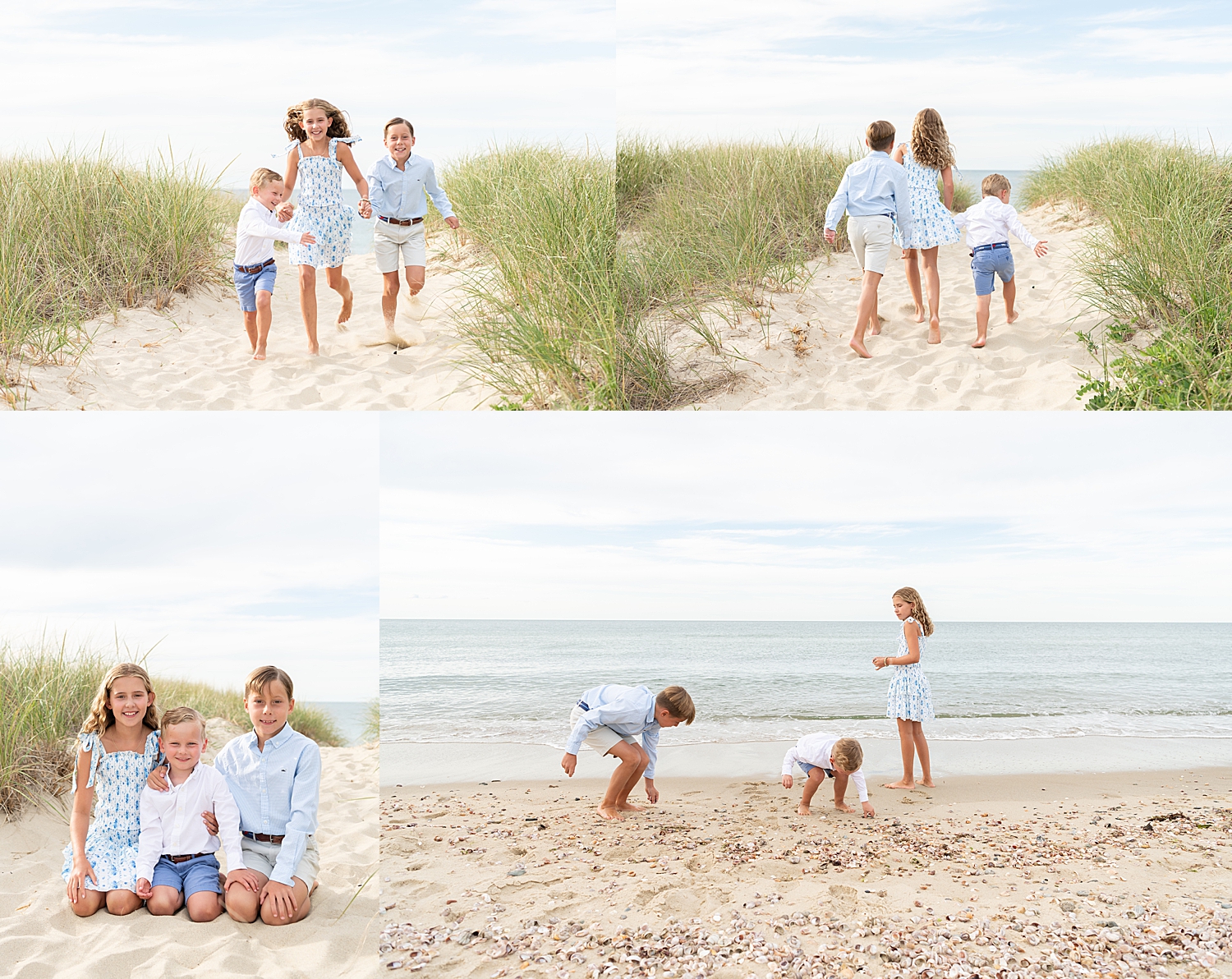 three small children frolic on the beach after their parents learned when to book your Nantucket family photos