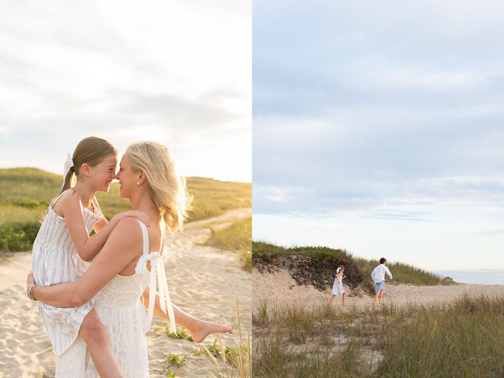 mother holds daughter during golden hour after learning top locations in Nantucket for your family photo session
