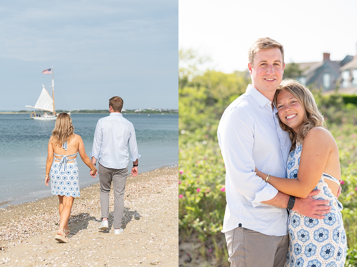 couple walks hand in hand on the beach before proposal at Brant Point Lighthouse