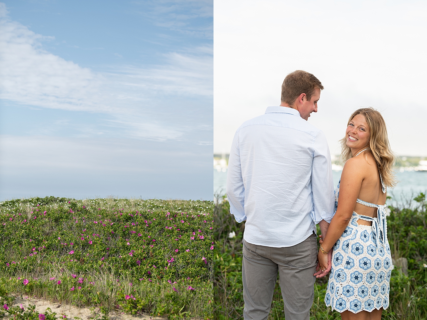 bride-to-be looks over her shoulder in front of the ocean by Rachel Elizabeth Photography