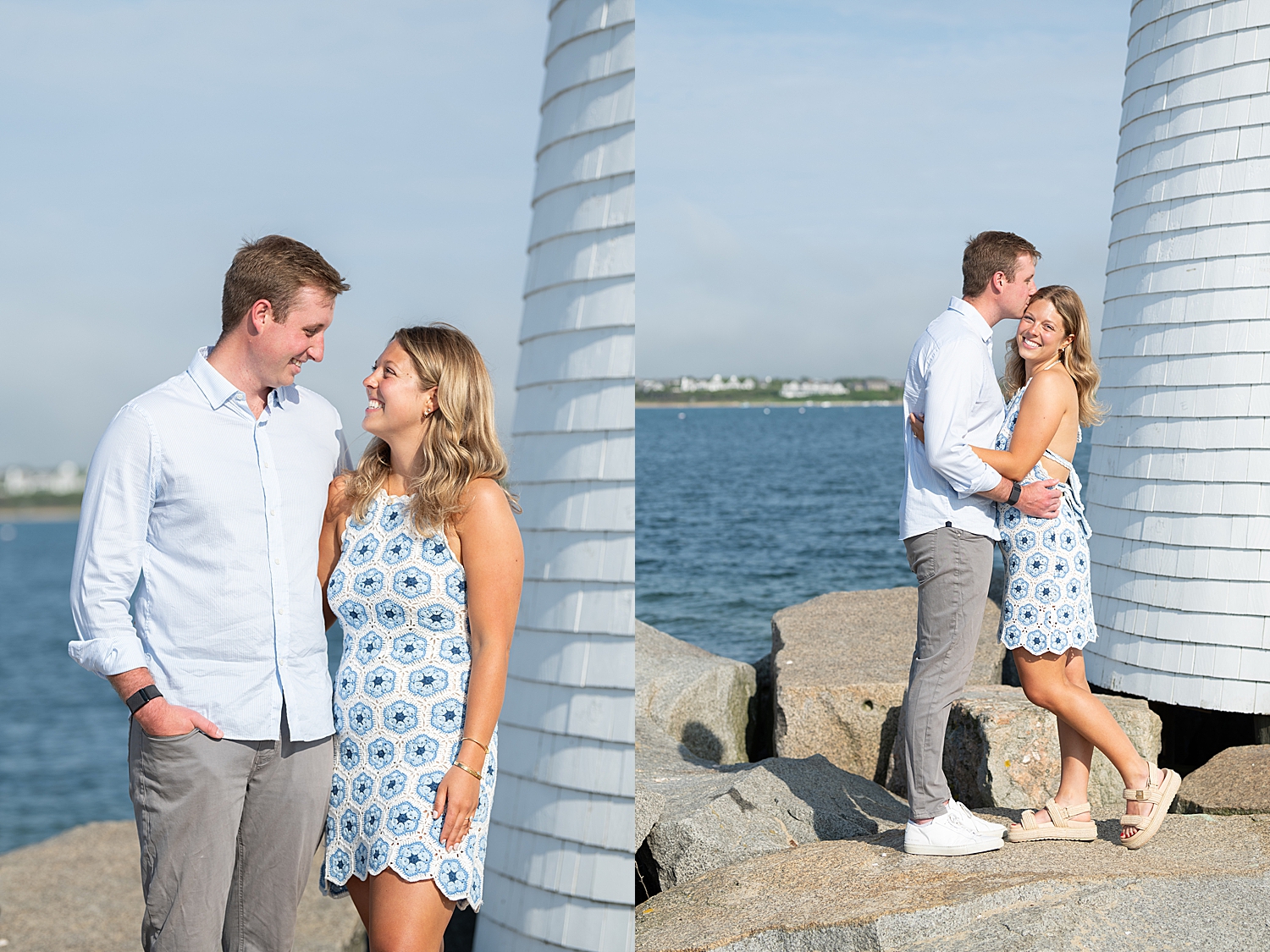 blonde woman looks up at man by the water by Nantucket family photographer
