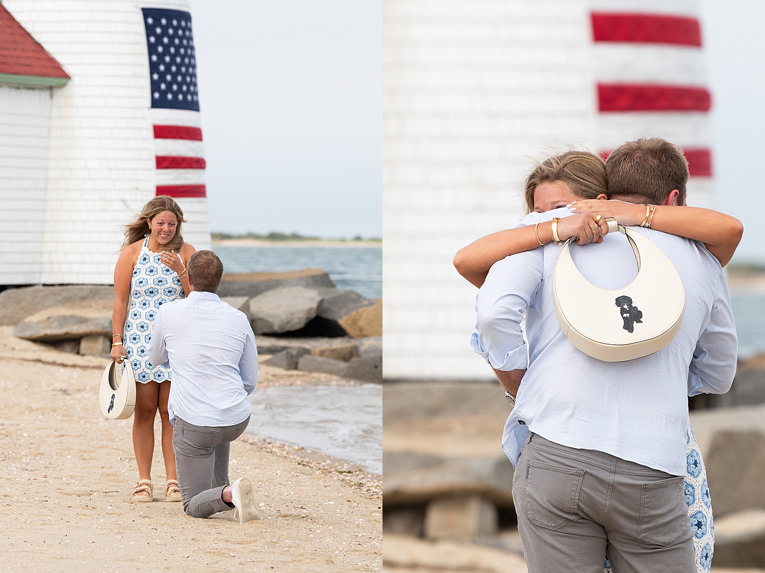 woman cries after man asks her to marry him by the ocean by Nantucket family photographer