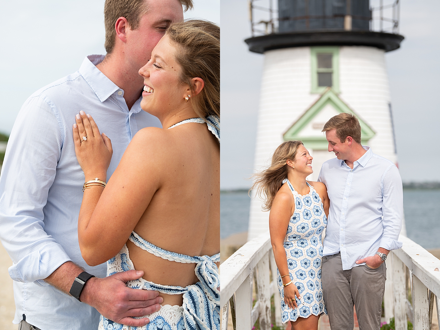 woman in blue and white dress smiles at her man by Nantucket family photographer