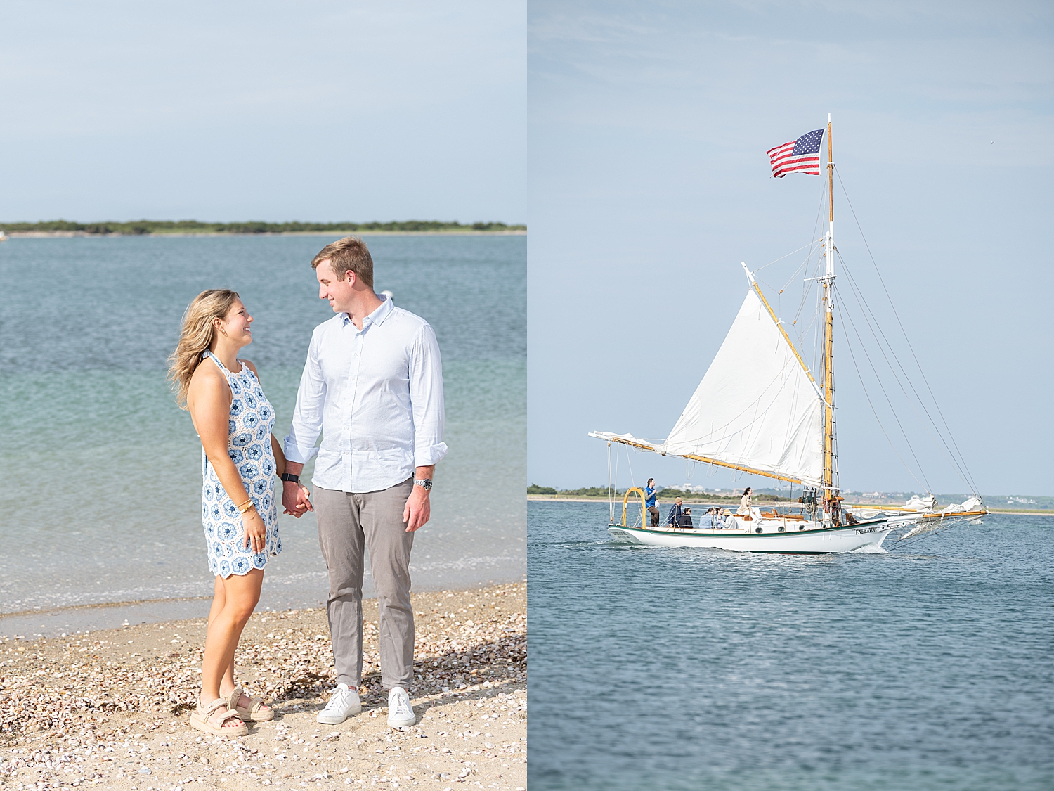man and woman hold hands next to water with sailboat behind them by Rachel Elizabeth Photography
