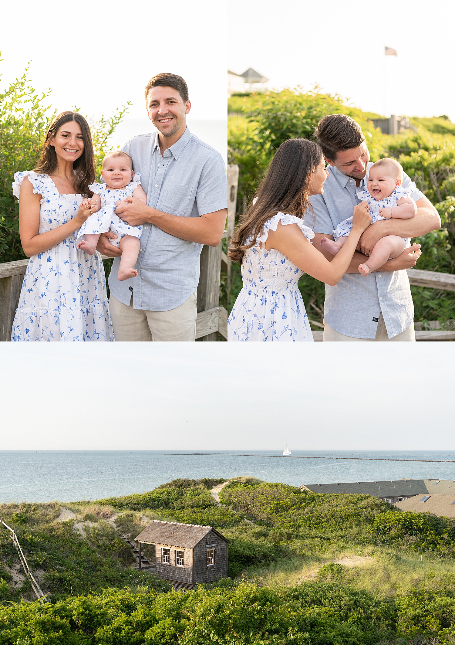 family of three stands near the beach for extended family session