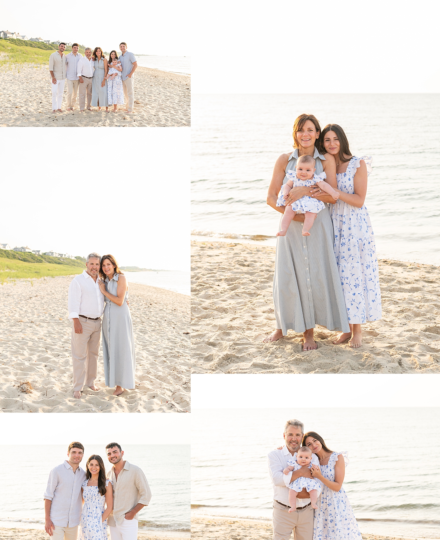 group of people wearing neutrals gather on the sand next to the ocean by Nantucket photographer