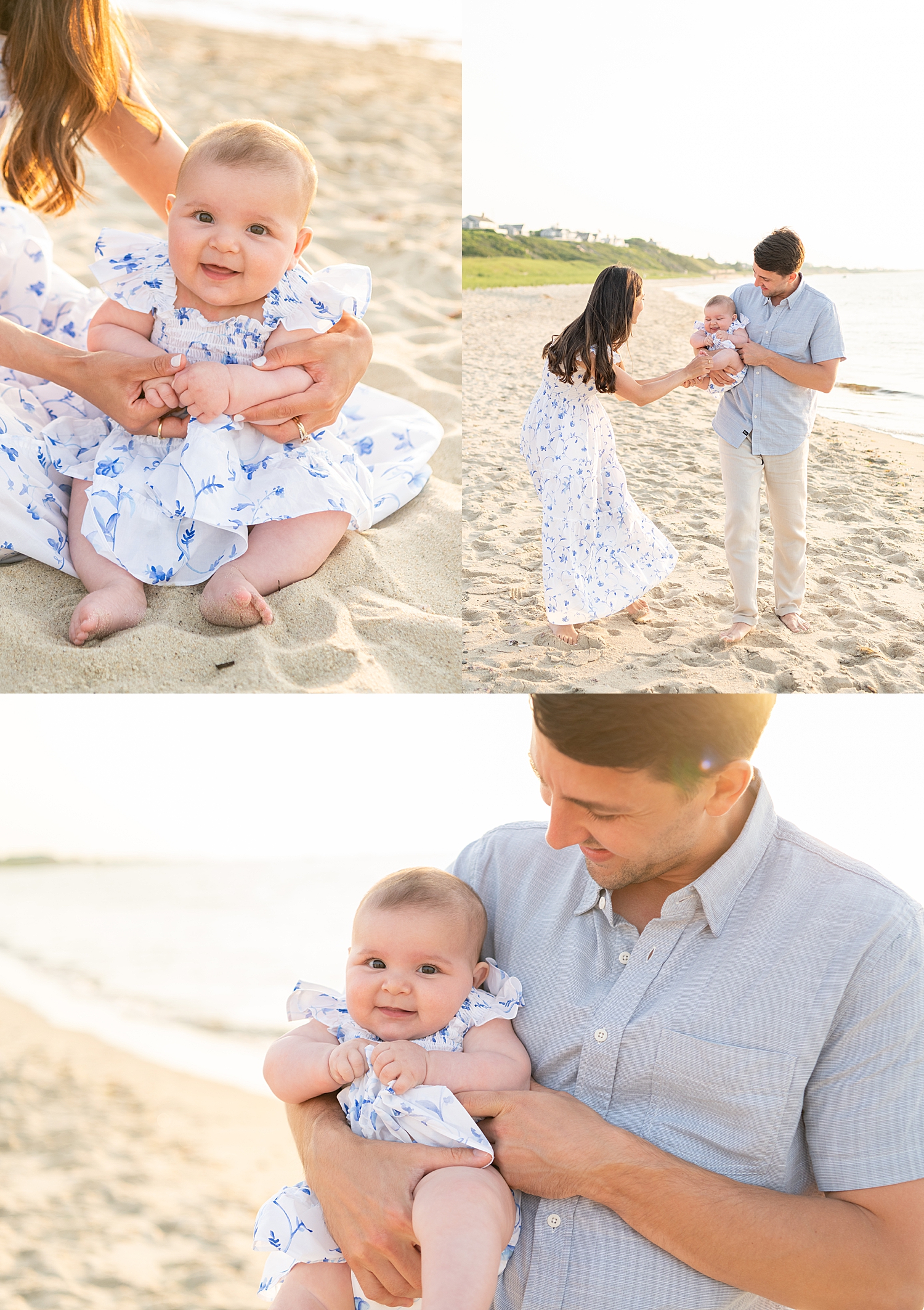 mother and father play with their six month old baby near the water by Rachel Elizabeth Co