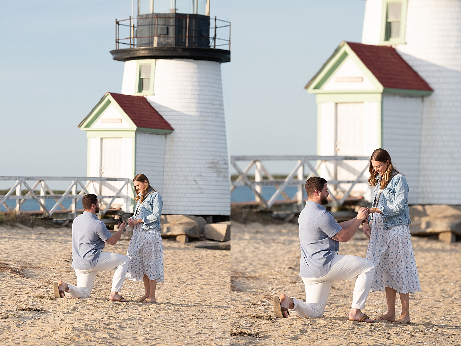 man gets on one knee for Sunset Proposal at Brant Point Lighthouse
