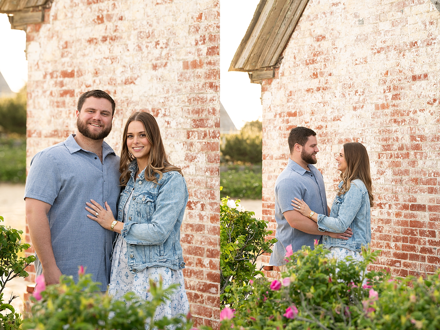 couple wearing blue stand by old building after getting engaged by Rachel Elizabeth Photography