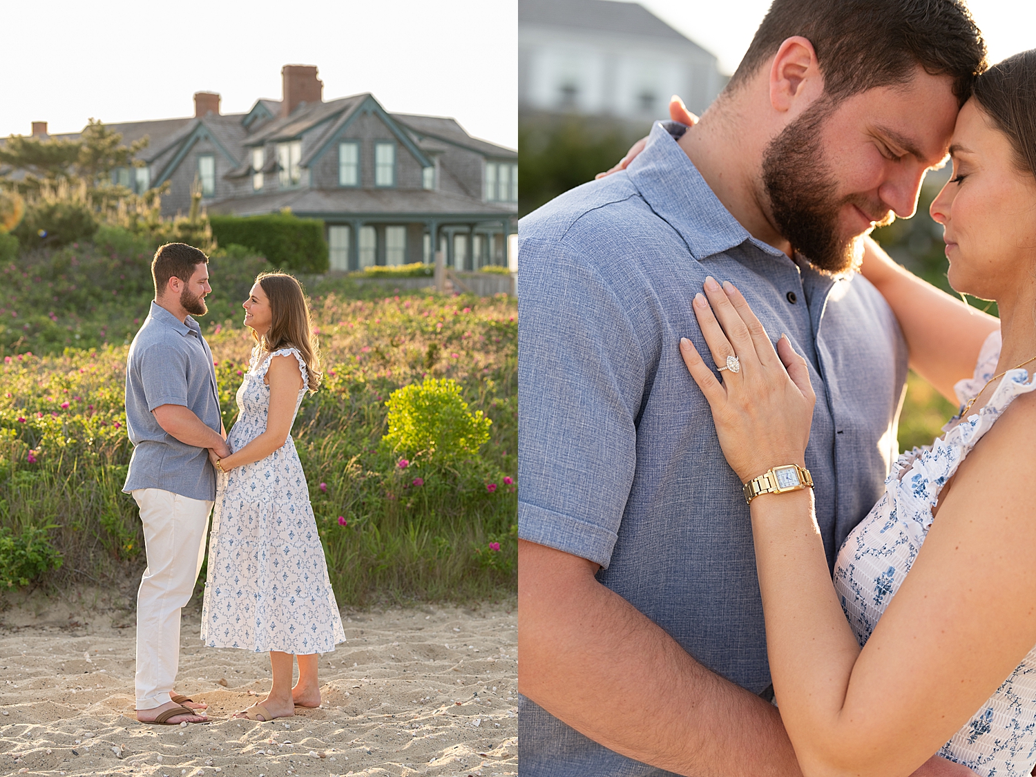 woman in white dress leans into her new fiance on the beach by Rachel Elizabeth Photography