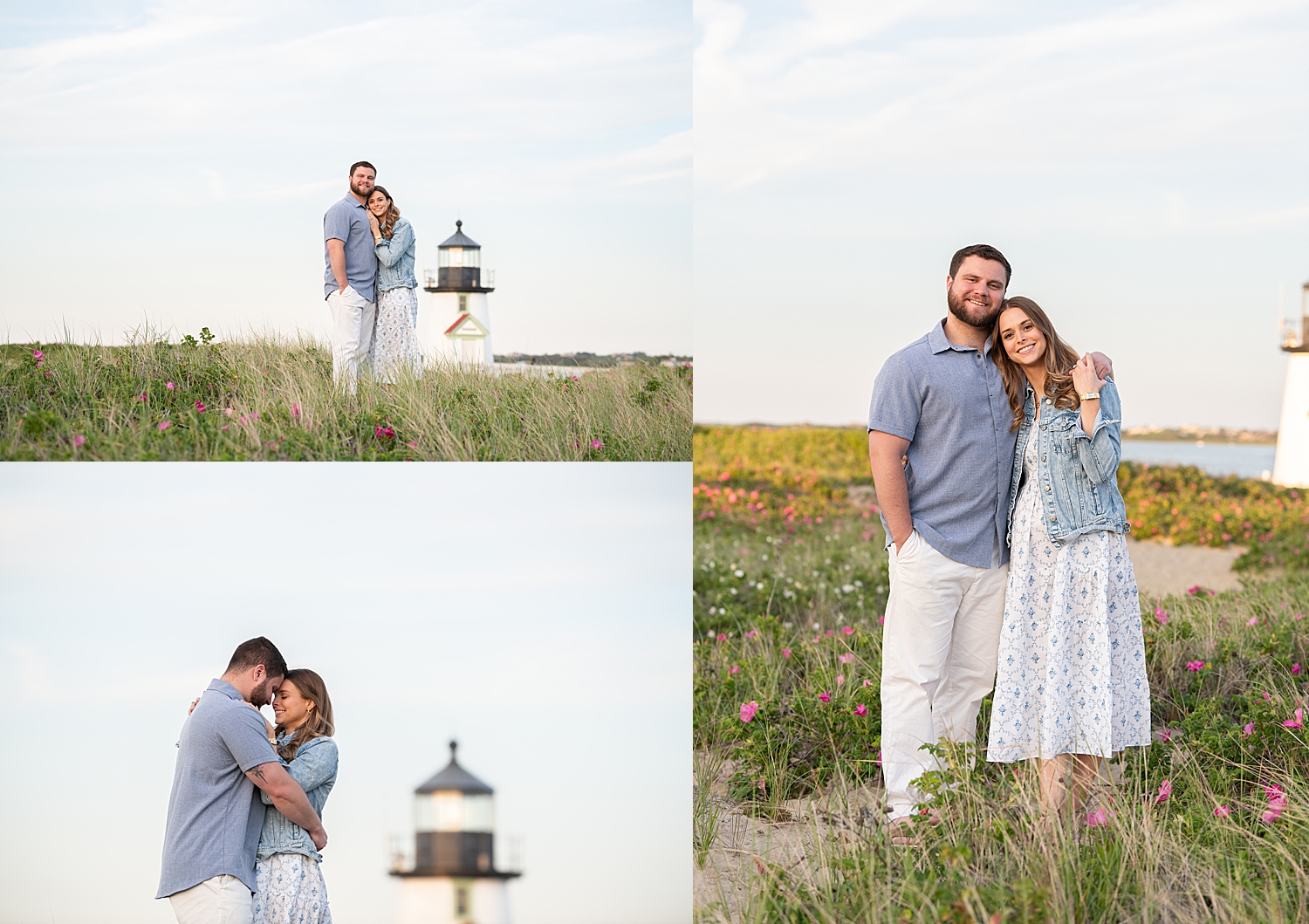 couple embraces in beautiful seaside landscape for Sunset Proposal at Brant Point Lighthouse