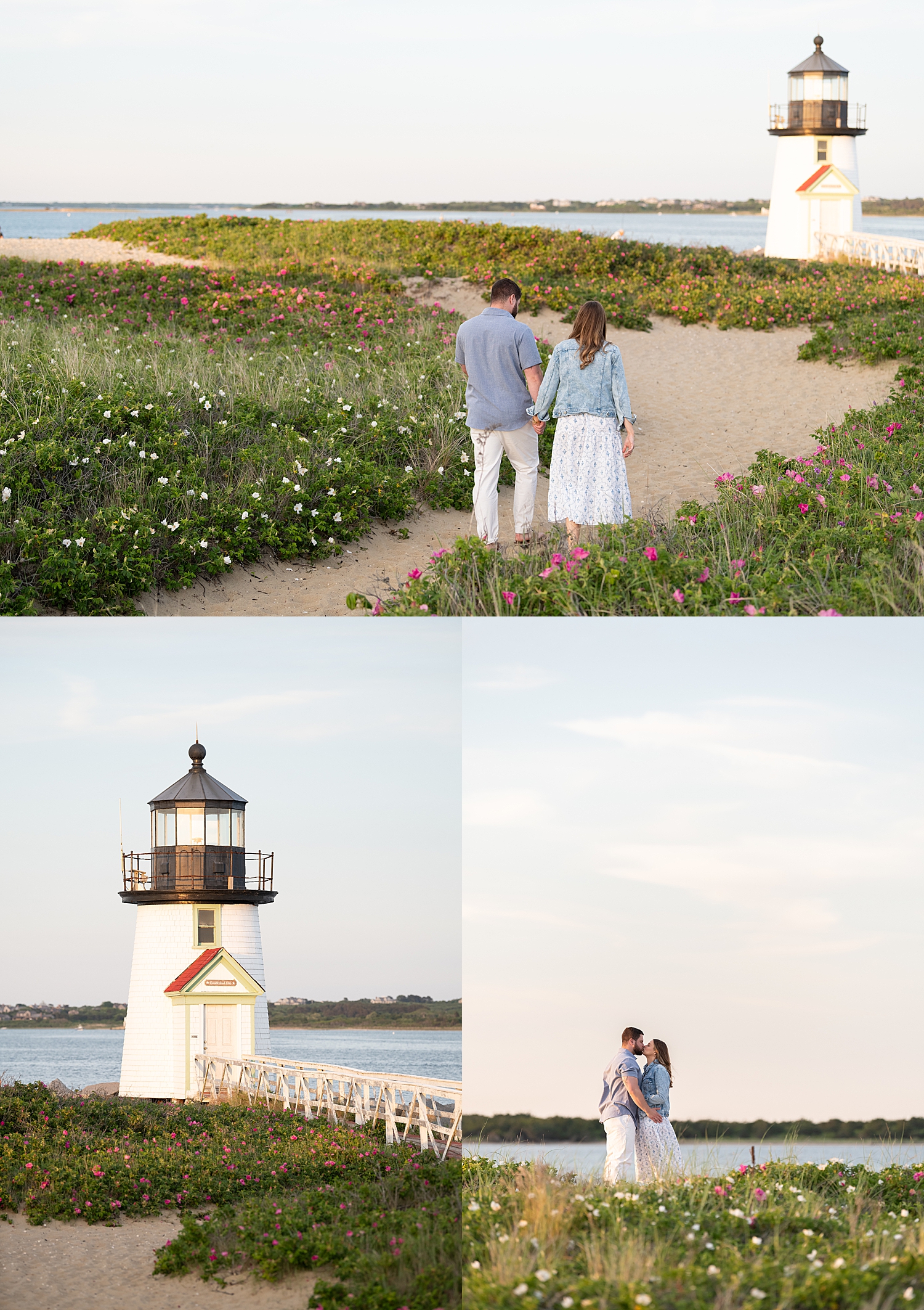 man and woman walk hand in hand down beach path by Nantucket family photographer