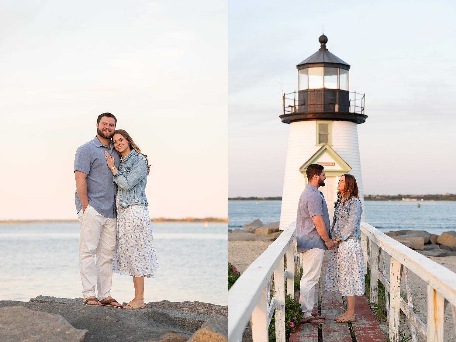 newly engaged couple stand in front of lighthouse by Nantucket family photographer
