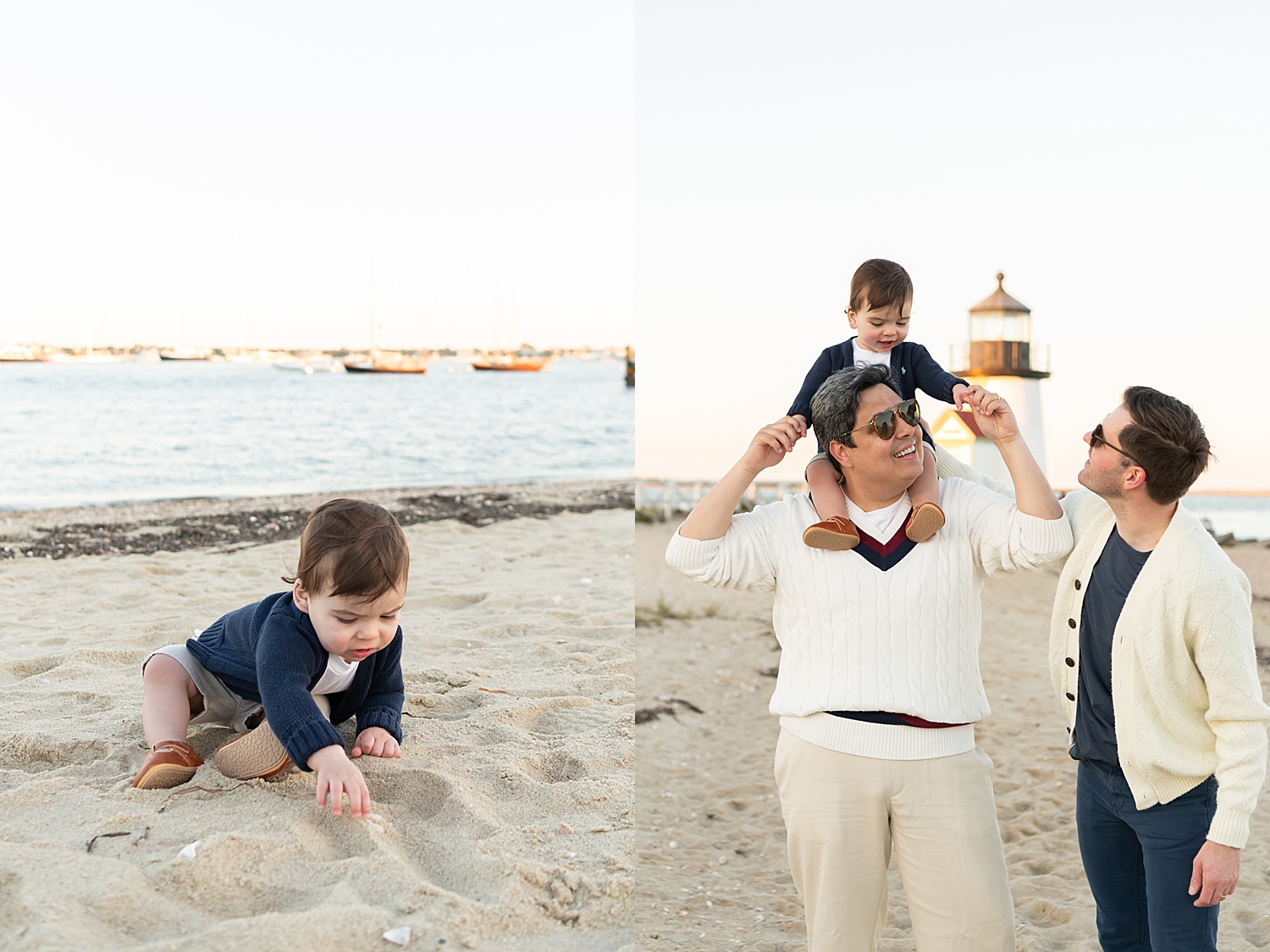 parents hold baby on their shoulders in front of lighthouse by Nantucket family photographer