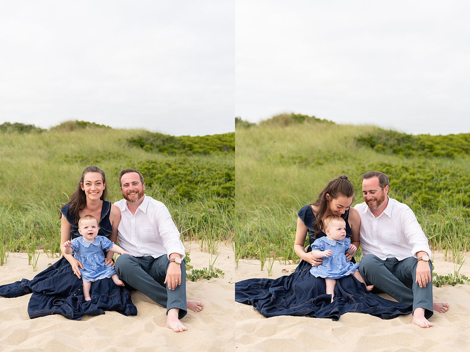 family of three sit together next to ocean by Nantucket Family Photographer