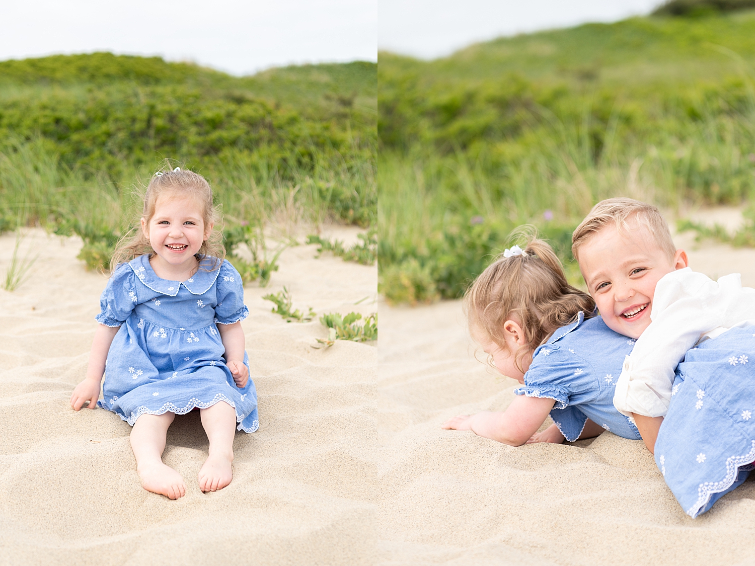 little girl plays in the warm sand by Nantucket Family Photographer