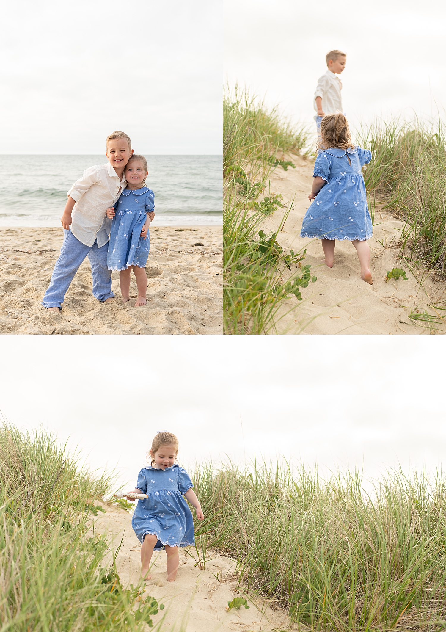 two small siblings climb sand dune for Summer session at Washing Pond Beach