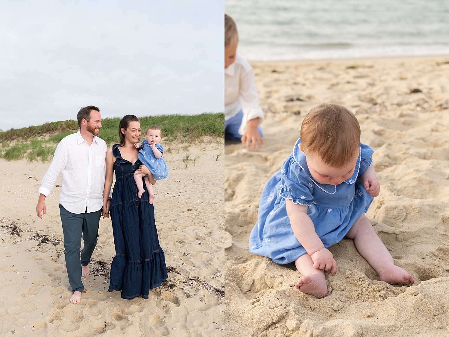 parents walk toward the water holding baby by Rachel Elizabeth Photography