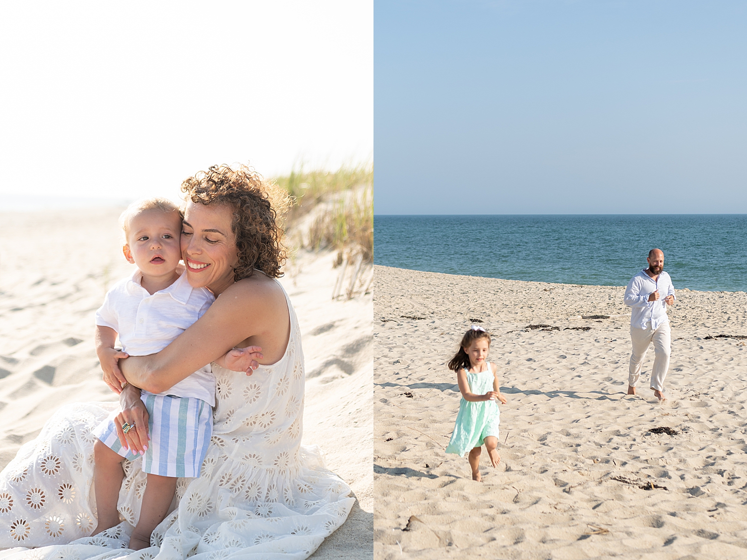 mom snuggles her baby in the sand by Nantucket vacation photographer