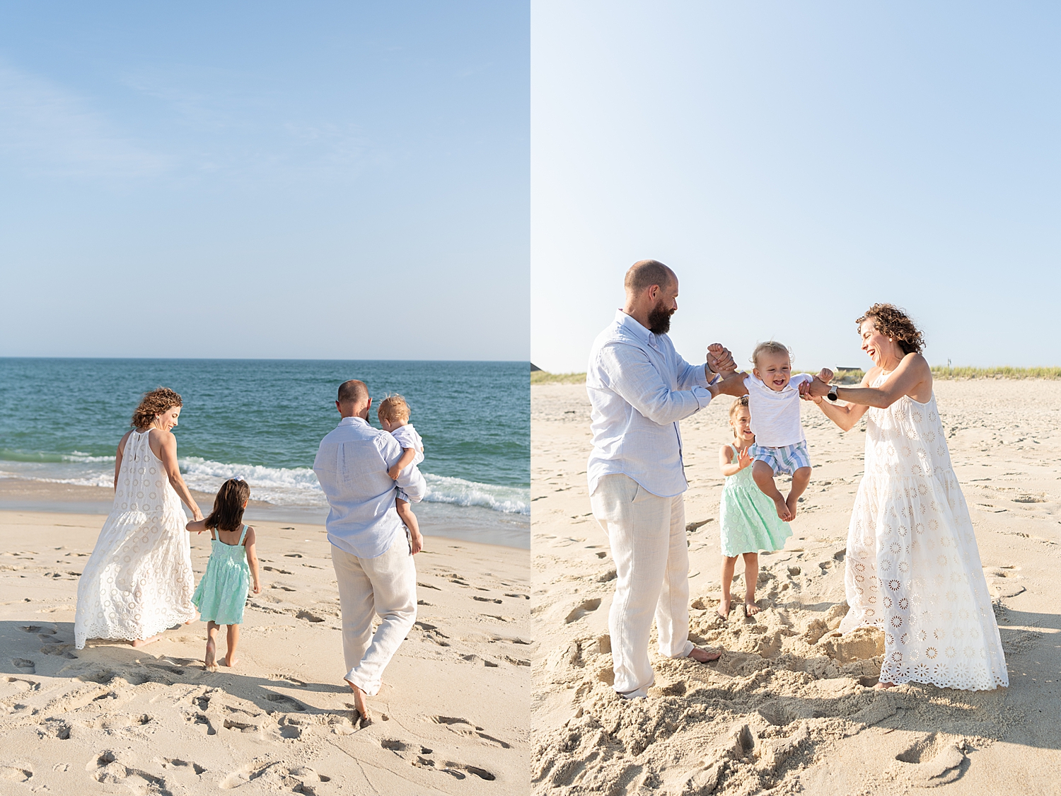 dad walks with his two kids down to the water by Rachel Elizabeth Photography