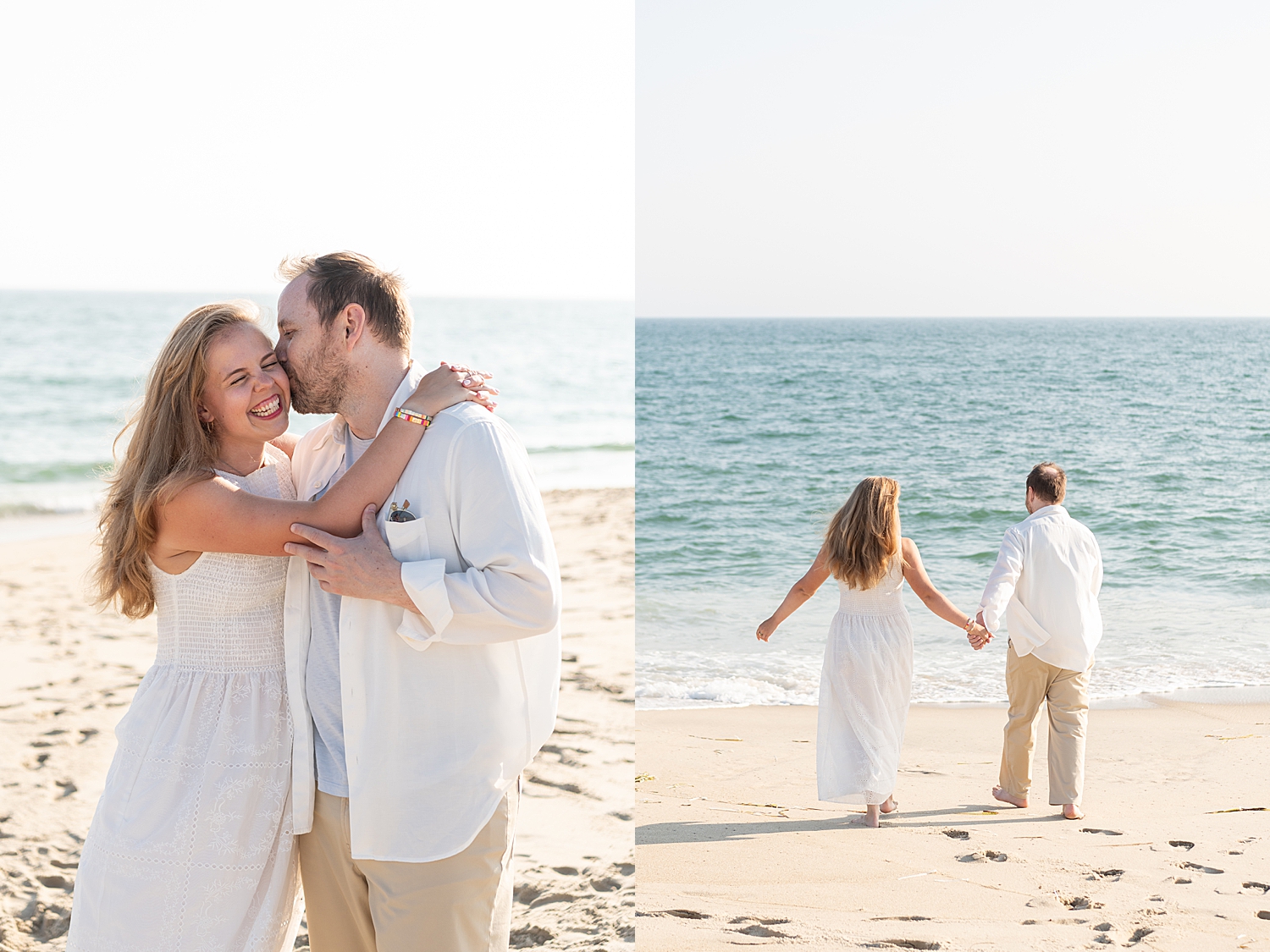 man and woman kiss and walk towards the ocean by Nantucket vacation photographer
