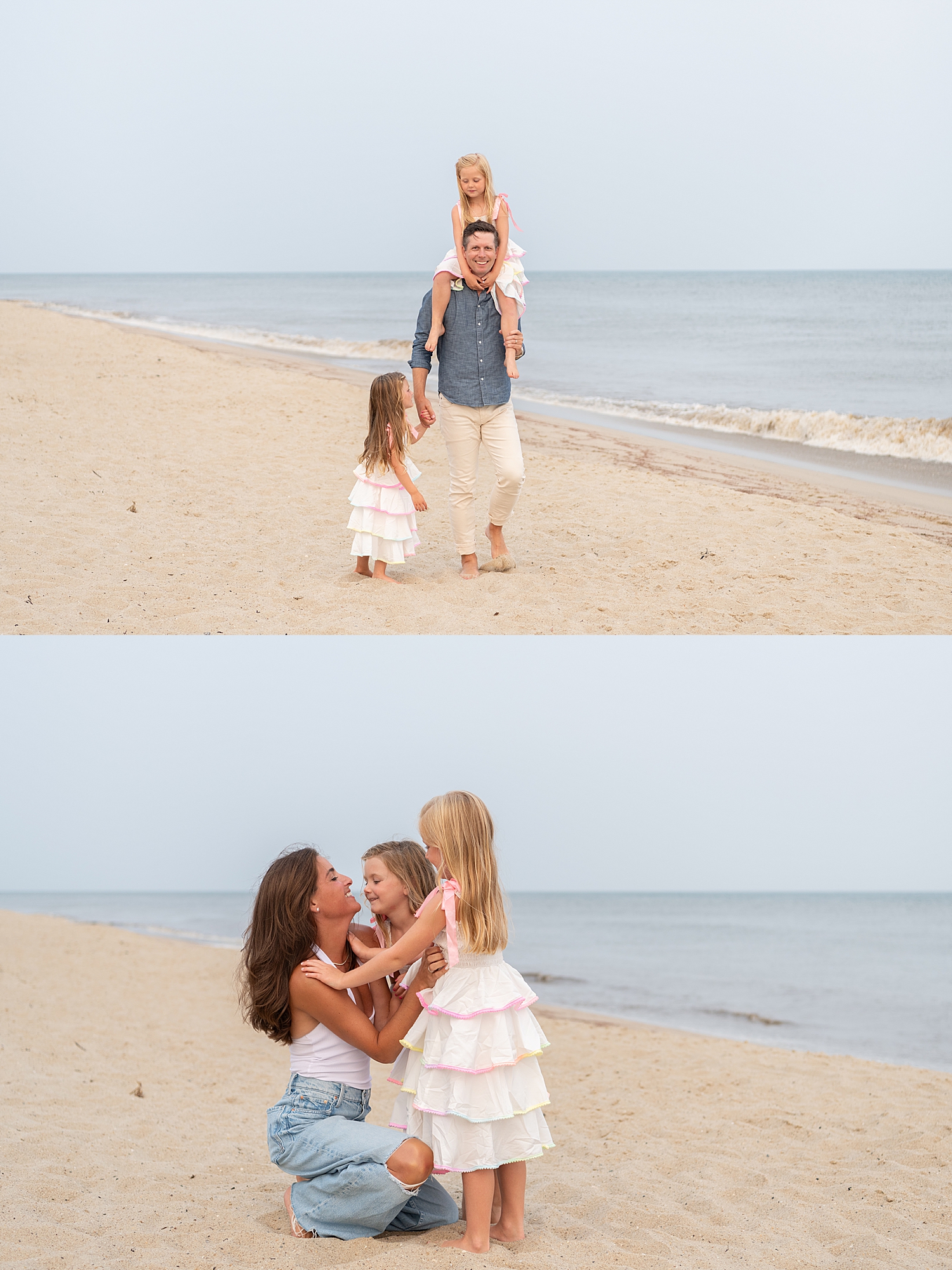 parents play with three small children by ocean at golden hour by Nantucket family photographer