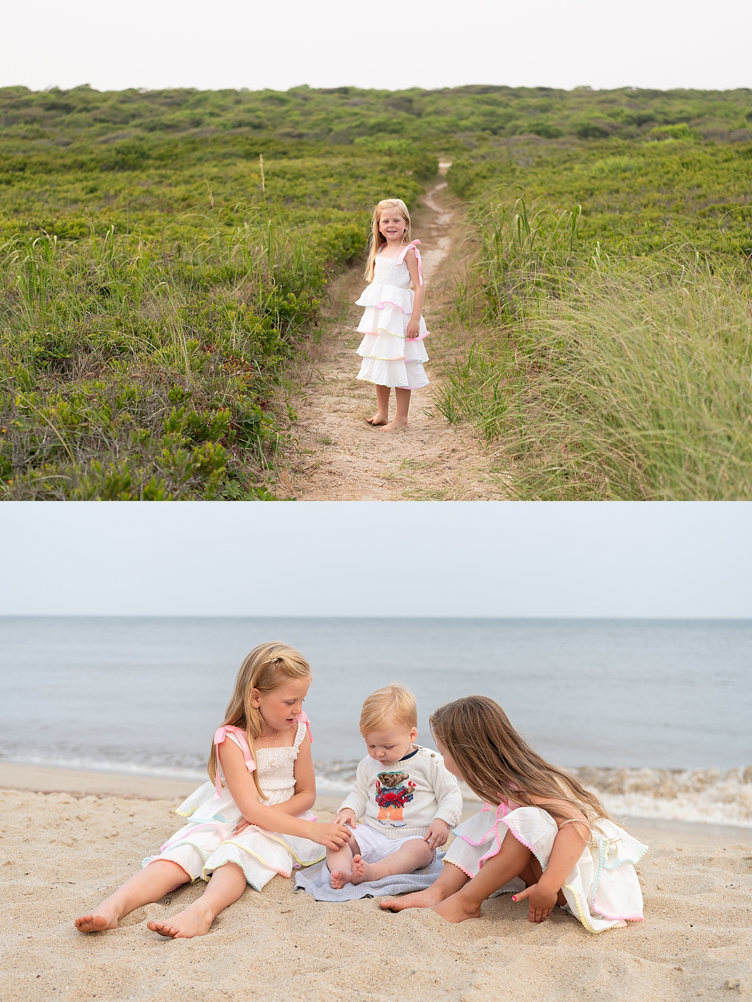 three small children sit on blanket next to ocean at Tom Nevers Beach