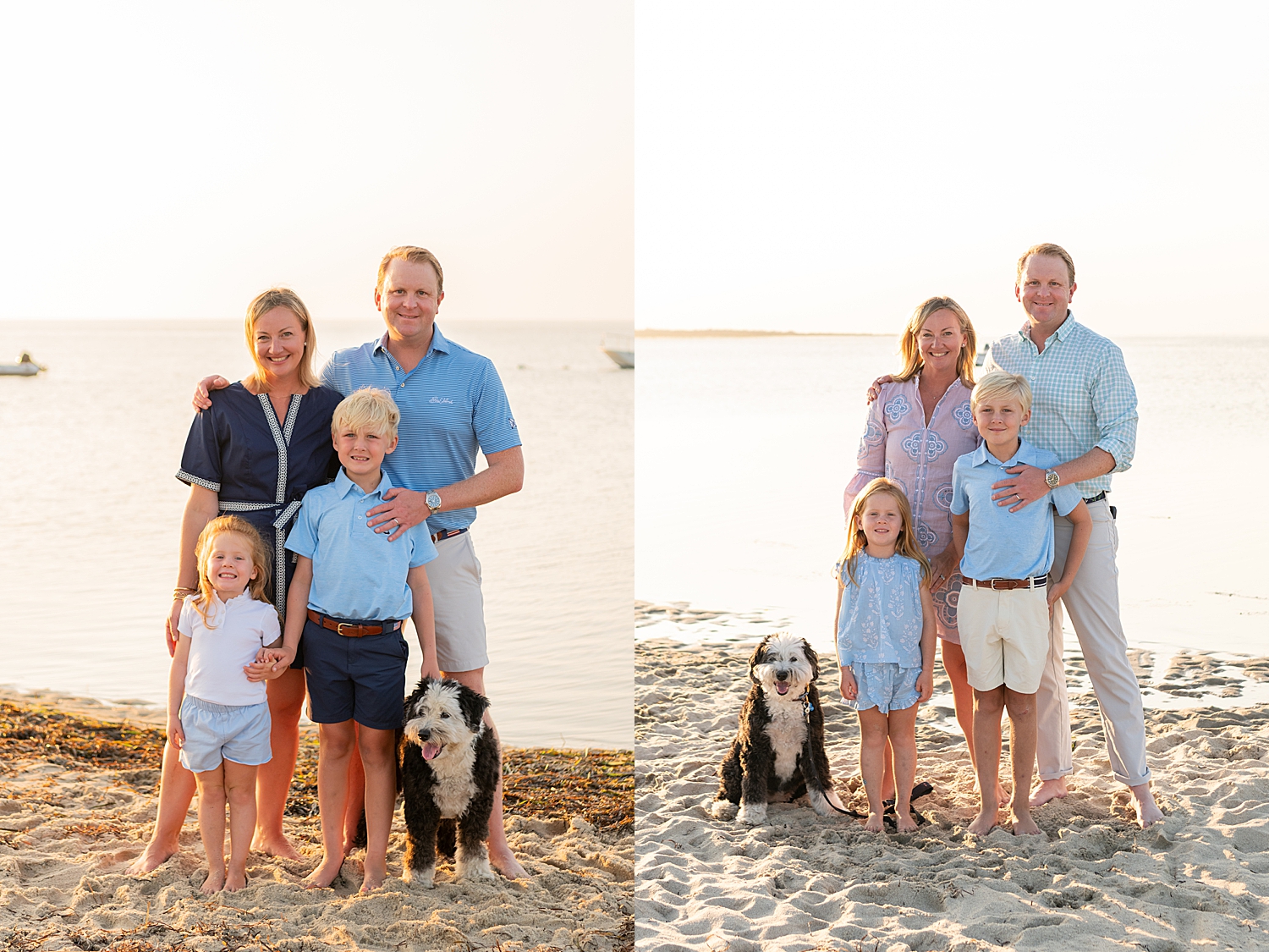 parents with two growing children in the sand by Nantucket family photographer