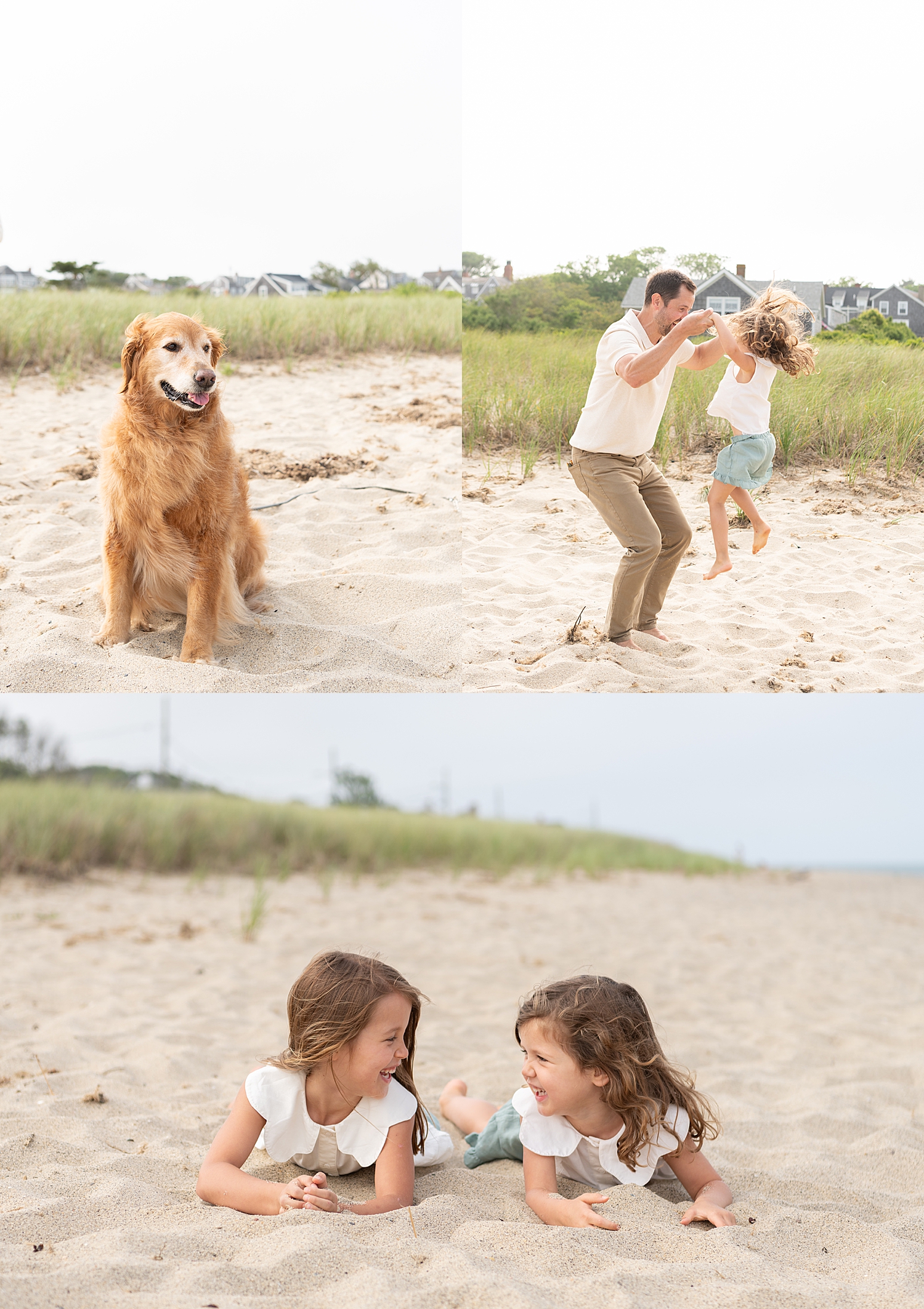 children play in the sand next to their dog by Rachel Elizabeth Photography