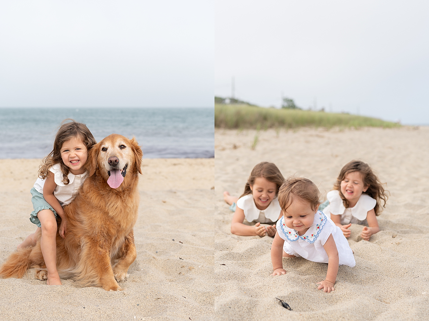toddler snuggles dog on beach by Nantucket family photographer