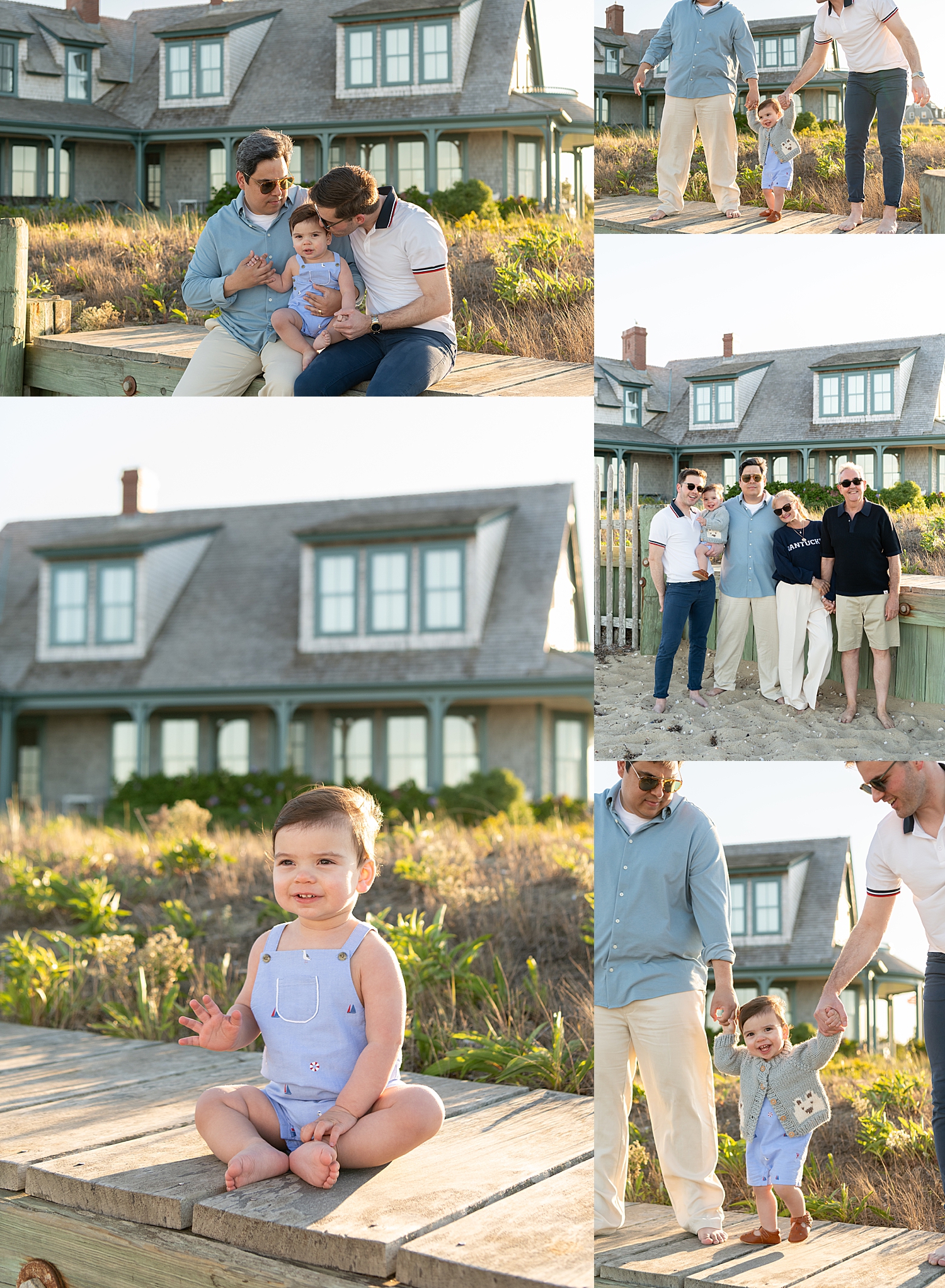 parents snuggle baby on dock for 1st birthday photos with grandparents