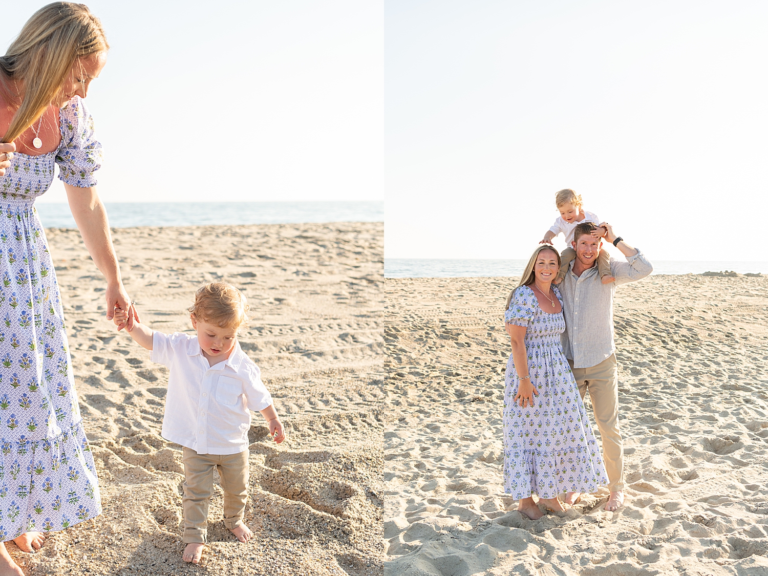 parents hold toddler on their shoulder at Nobadeer Beach