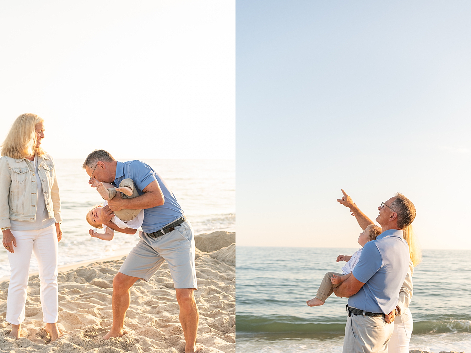 grandparents point out plane overhead to toddler at Nobadeer Beach